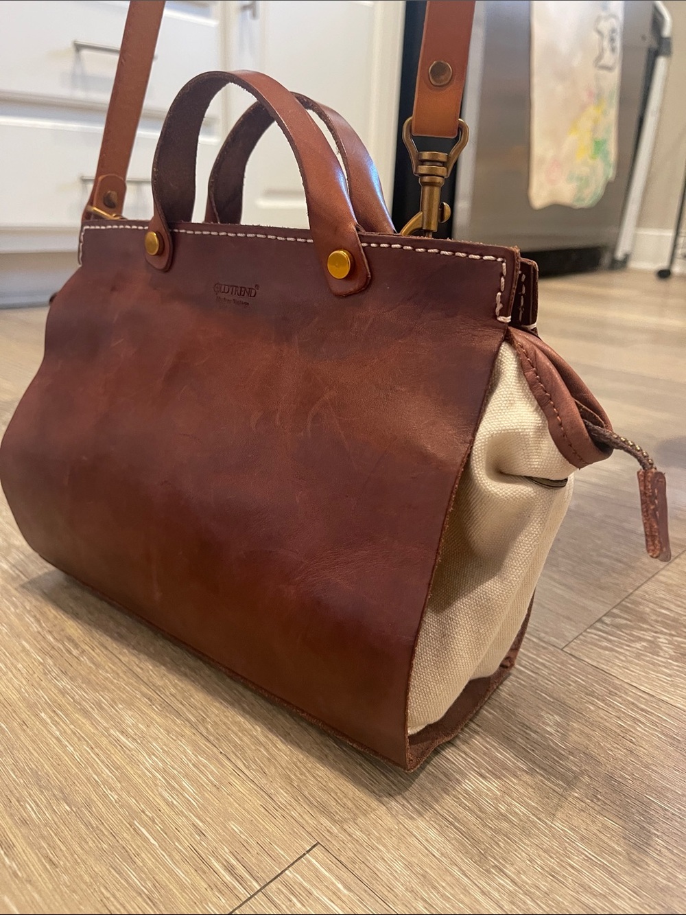Old Trend Modern Vintage Leather w/Cream Canvas Crossbody Satchel & Top Handle
